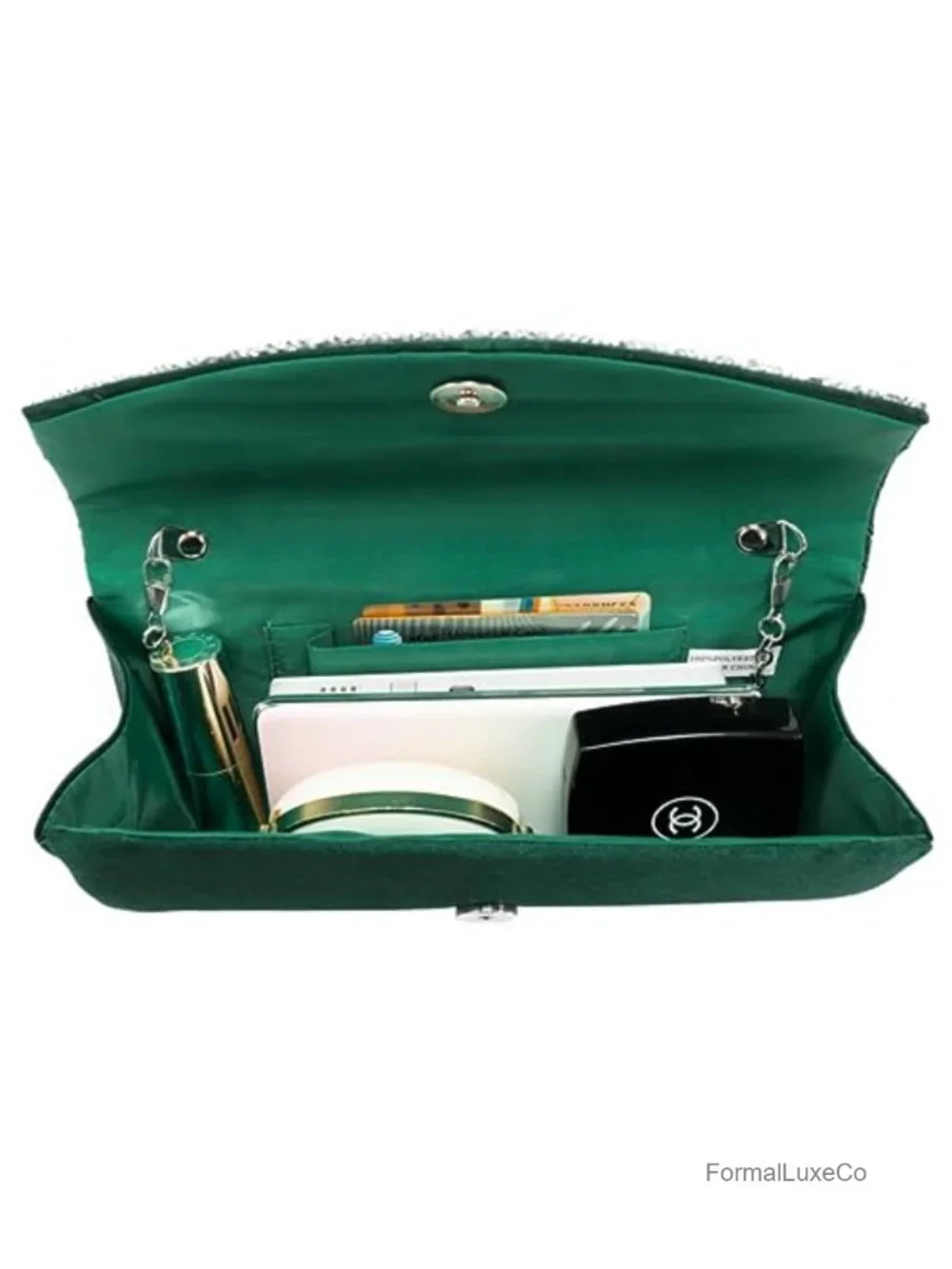 Satin Evening Clutch with Rhinestone Trim Detachable Chain Strap
